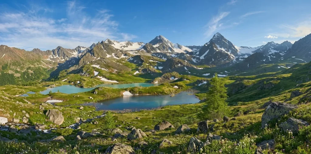 Altai mountain panorama, alpine meadow, glacial lake and cedar treeline in southern Siberia