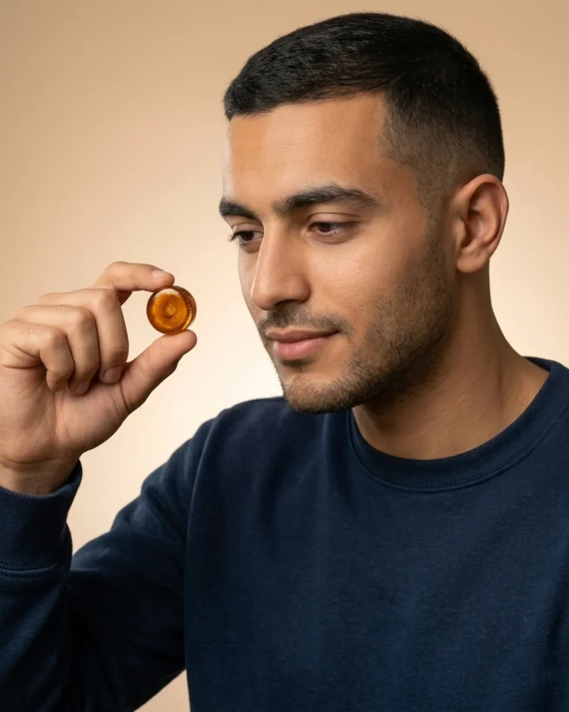 A man examining a single amber honey adaptogen lozenge