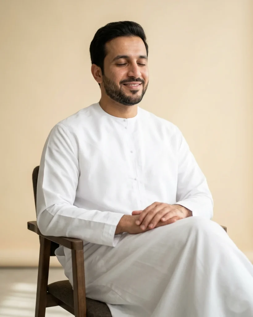 A man in a white thobe seated calmly on a wooden chair