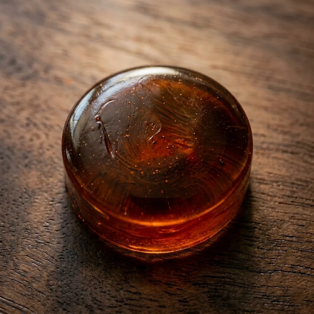 Macro close-up of a single amber honey adaptogen lozenge