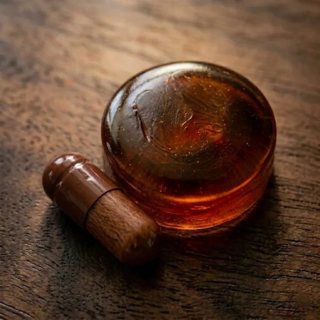 A honey adaptogen lozenge beside a gelatin capsule on a wooden surface