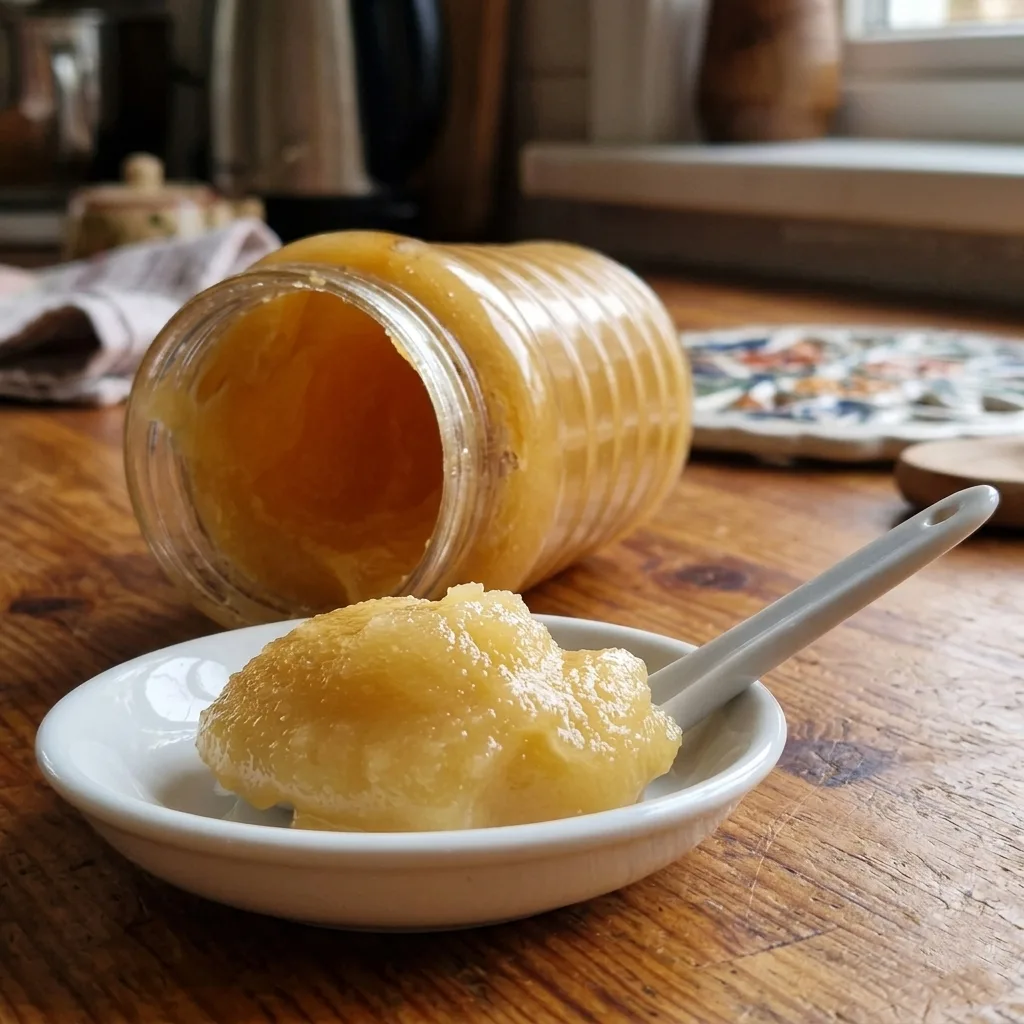 A jar of crystallised raw honey on its side with a spoonful of grainy set honey