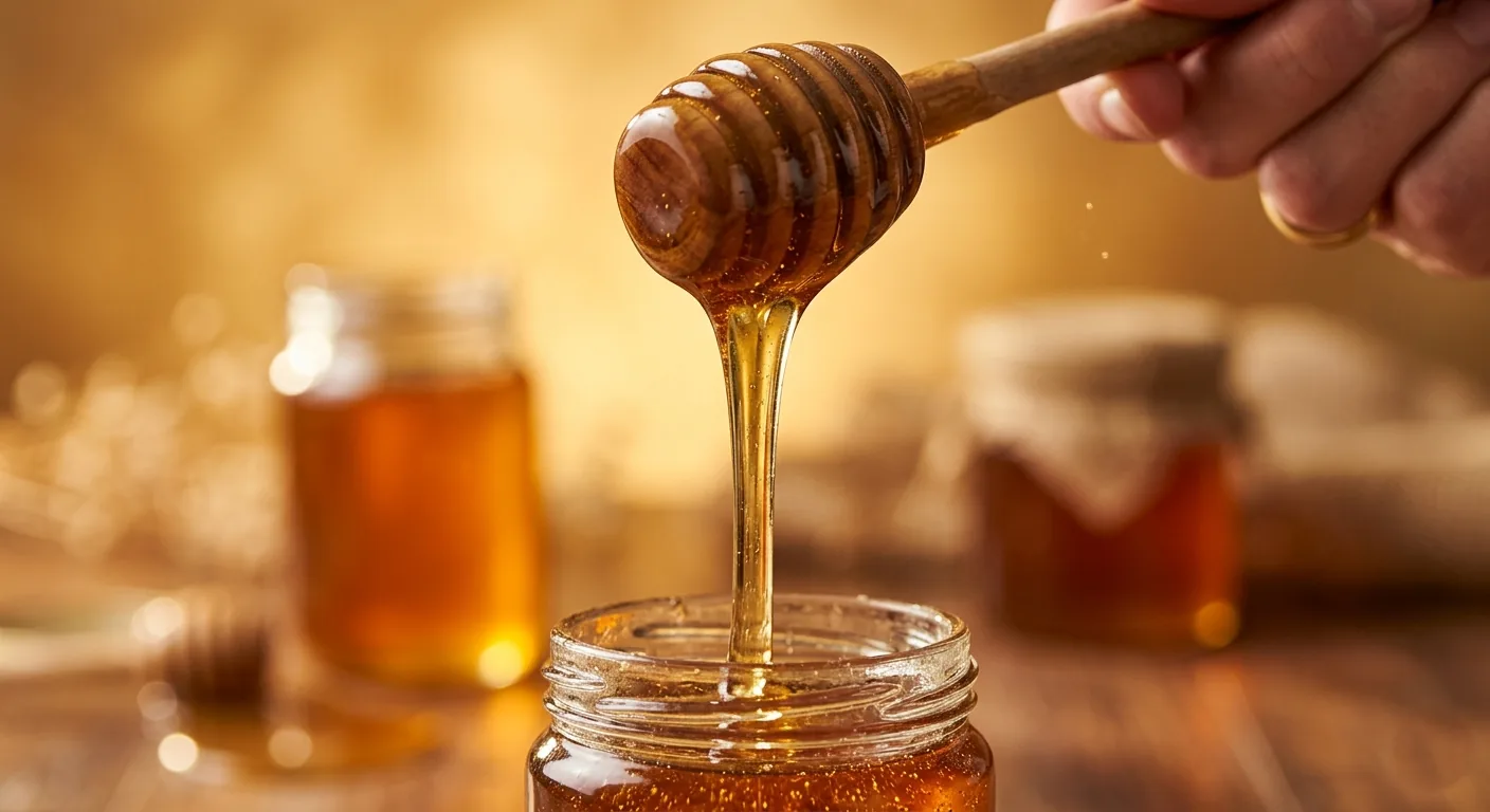 Thick raw honey drizzling slowly from a wooden dipper into an open jar, a sign of genuine unadulterated honey