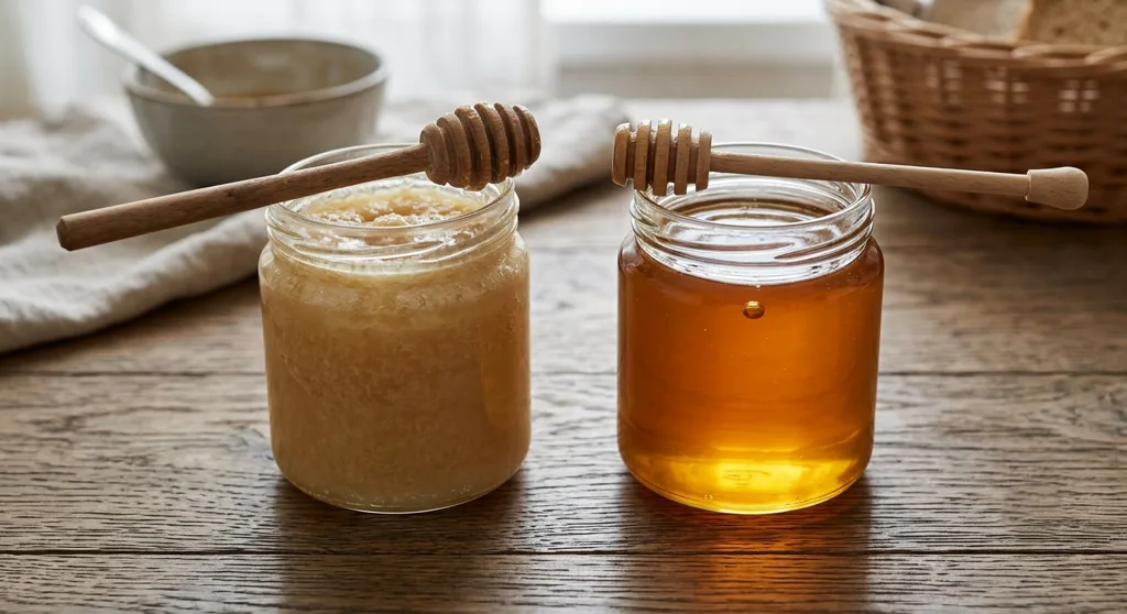 A jar of cloudy raw crystallised honey beside a jar of clear processed honey on a wooden table
