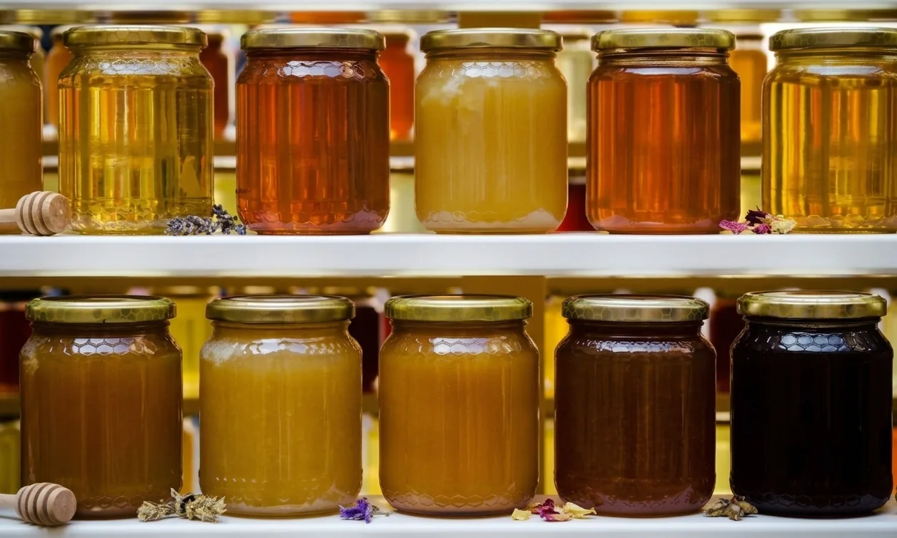 Honey samples of different shades held up to the light