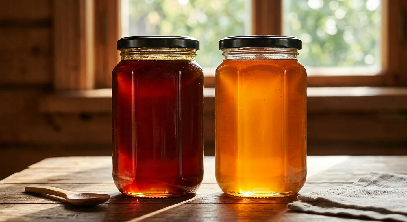 Two jars of single-origin honey held up to the light